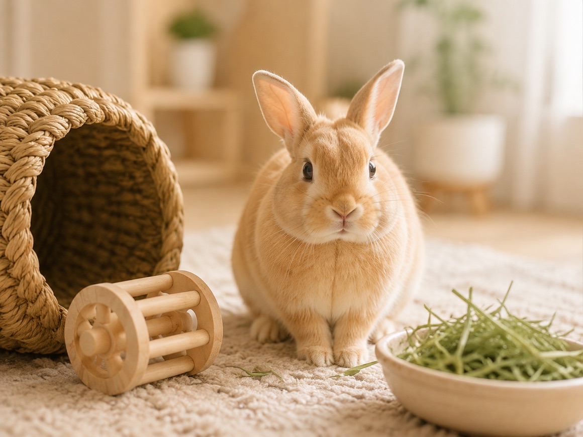 かごやおもちゃのそばでくつろぐ茶色いうさぎ